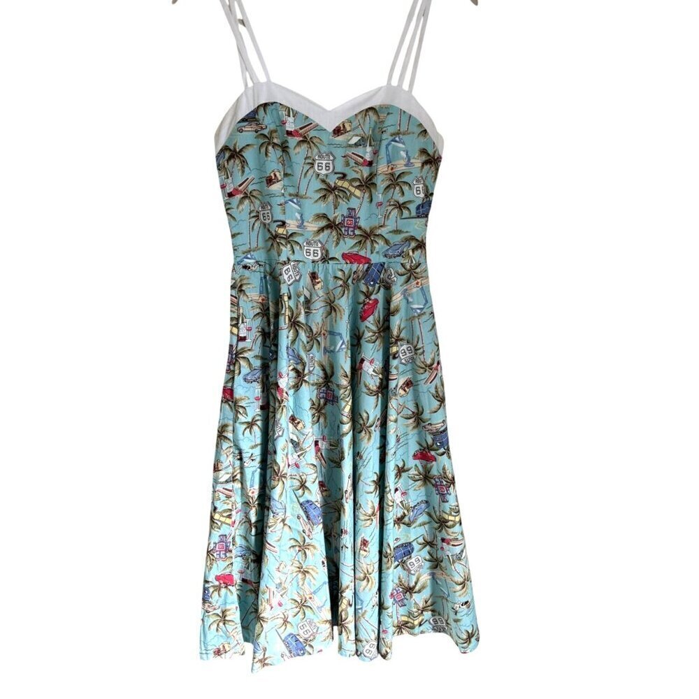 Magnolia Park Retro Route 66 Palm Tree Print Fit & Flare Sundress Adjustable Str